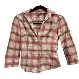 Guess Jeans Y2K Plaid Button Up Shirt XS Pink Brown Cotton Stretch Coquette